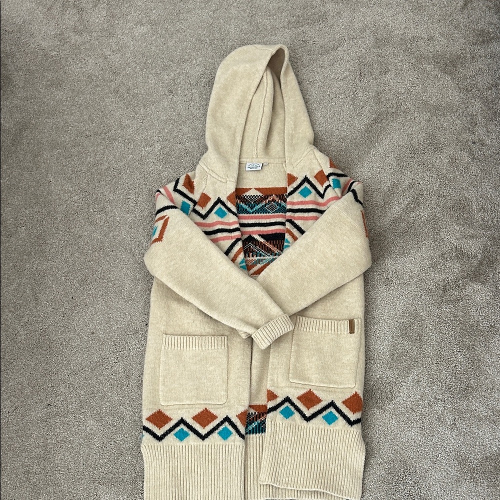 Cozy Hooded Cardigan Sweater in Cream with Geometric Trim
